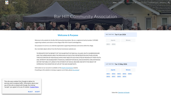 Screenshot of the Bar Hill Community Association (Bhca) website