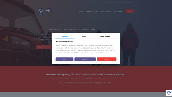 Screenshot of the Rossendale And Pendle Mountain Rescue Team website