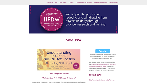 Screenshot of the International Institute For Psychiatric Drug Withdrawal website