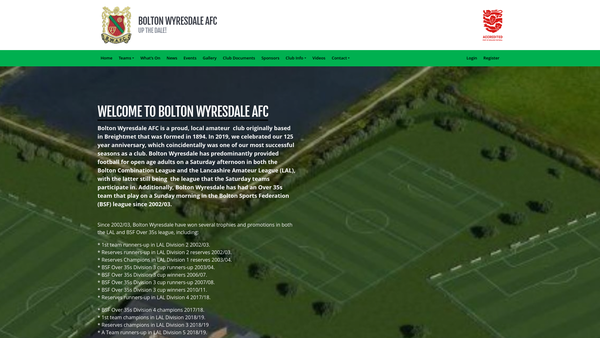 Screenshot of the Bolton Wyresdale Amateur Football And Sports Club website