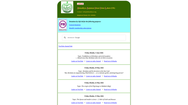 Screenshot of the Ahmadiyya Anjuman Ishaat Islam Lahore (UK) website