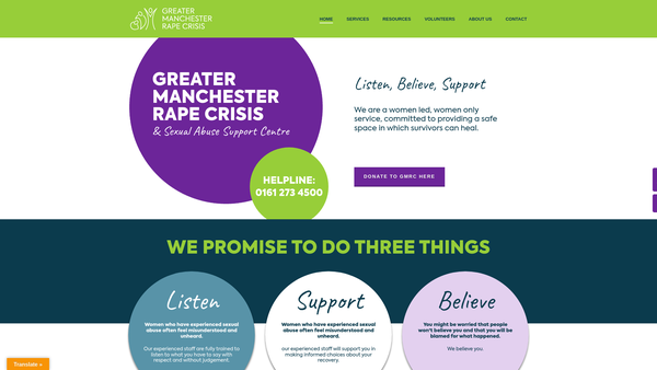 Screenshot of the Greater Manchester Rape Crisis And Sexual Abuse Support Centre CIO website
