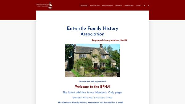 Screenshot of the Entwistle Family History Association website