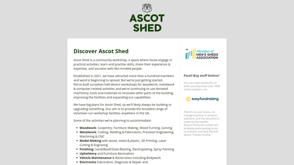 Screenshot of the Ascot Shed website