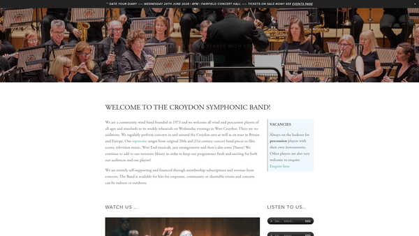 Screenshot of the Croydon Symphonic Band website