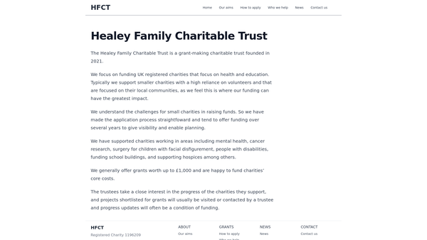 Screenshot of the The Healey Family Charitable Trust website