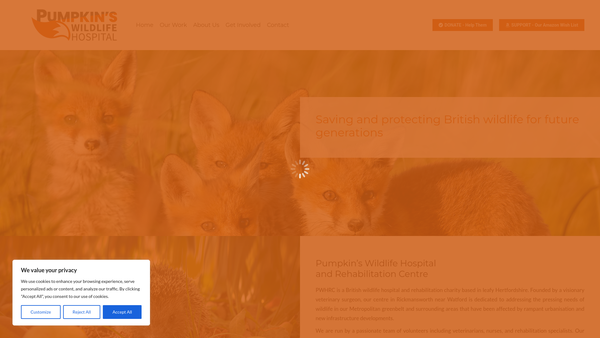 Screenshot of the Pumpkin's Wildlife Hospital And Rehabilitation Centre website