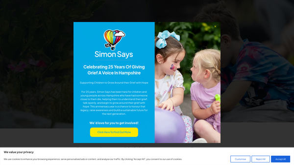 Screenshot of the Simon Says Children And Young People's Bereavement Support CIO website