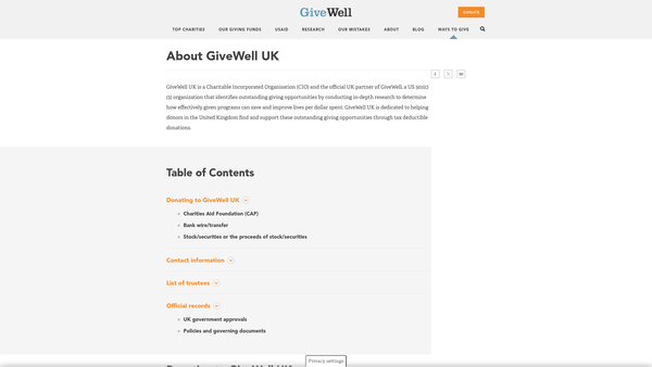 Screenshot of the Givewell UK website