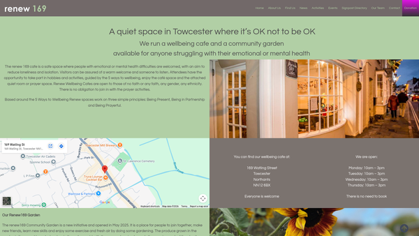 Screenshot of the Renew169 Wellbeing Cafe website