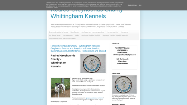 Screenshot of the Retired Greyhounds Charity - Whittingham Kennels Greyhound Care website