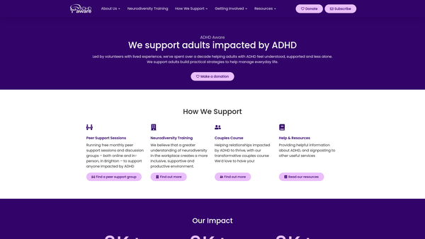 Screenshot of the ADHD Aware website