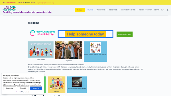 Screenshot of the Pay it forward vouchers website