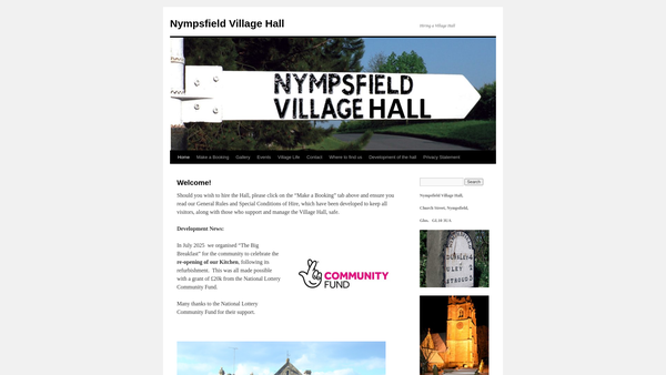 Screenshot of the Nympsfield Village Hall CIO website