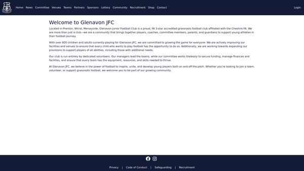 Screenshot of the Glenavon Community Club website