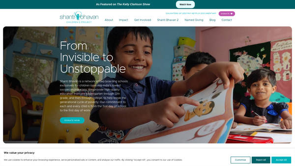 Screenshot of the Shanti Bhavan Childrens Project: U.K. Chapter website