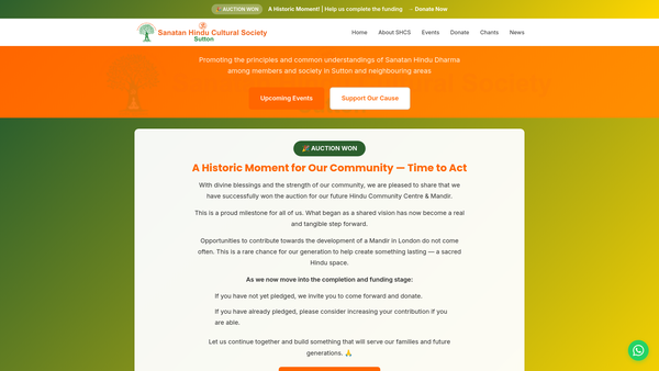 Screenshot of the Sanatan Hindu Cultural Society, Sutton website