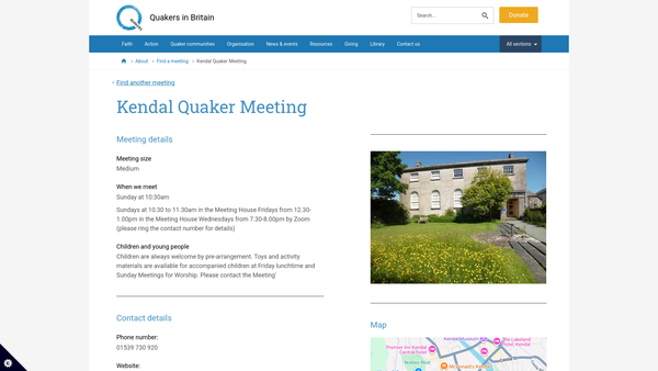 Screenshot of the Kendal And Sedbergh Area Quaker Meeting website