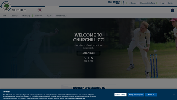 Screenshot of the Churchill Cricket Club website