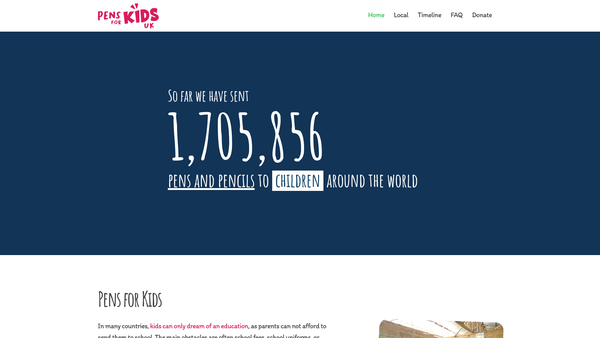 Screenshot of the Pens For Kids UK website