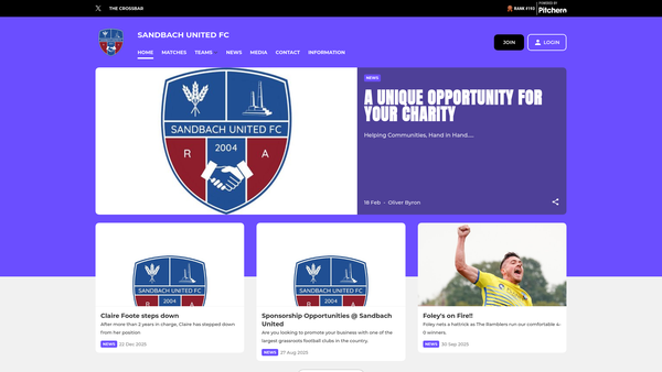 Screenshot of the Sandbach United Football Club CIO website