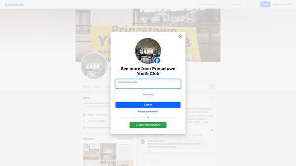Screenshot of the Princetown Pavilion Youth Club website