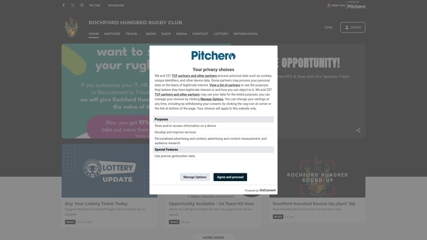 Screenshot of the Rochford Hundred Rugby Football Club website