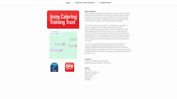 Screenshot of the The Army Catering Training Trust website