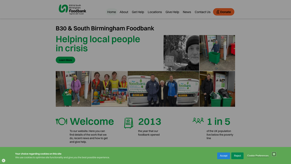 Screenshot of the B30 And South Birmingham Foodbank website