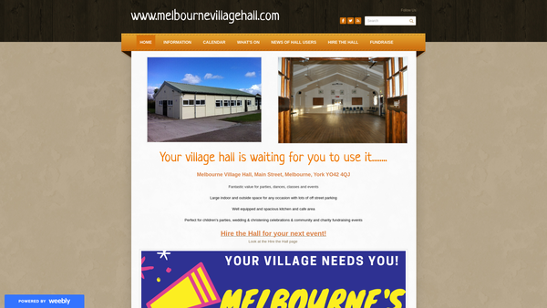 Screenshot of the Melbourne Village Hall website