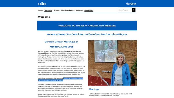 Screenshot of the Harlow U3A website