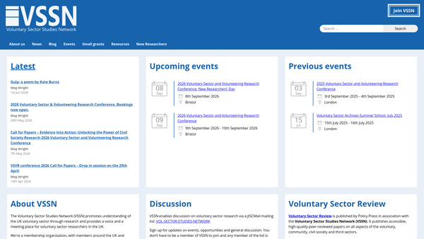Screenshot of the Voluntary Sector Studies Network website