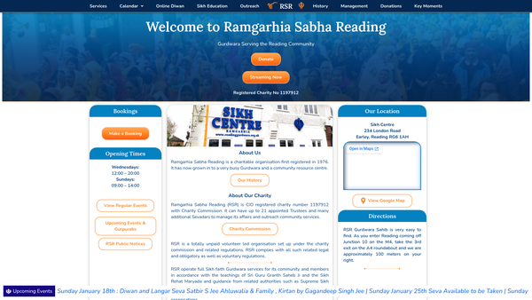 Screenshot of the Ramgarhia Sabha Reading website