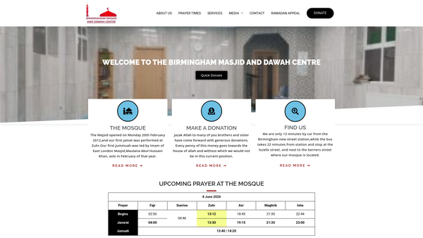 Screenshot of the Birmingham Masjid And Dawah Centre website