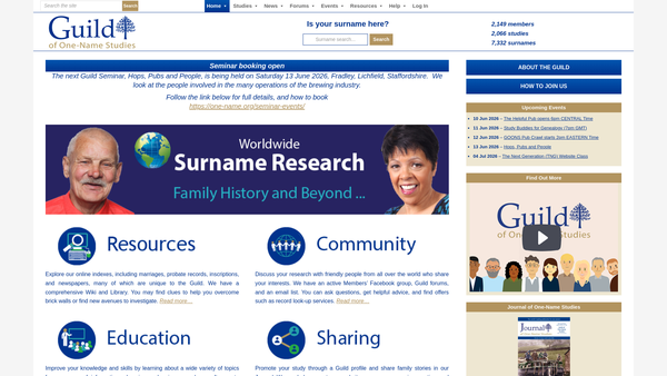 Screenshot of the Guild Of One-Name Studies CIO website
