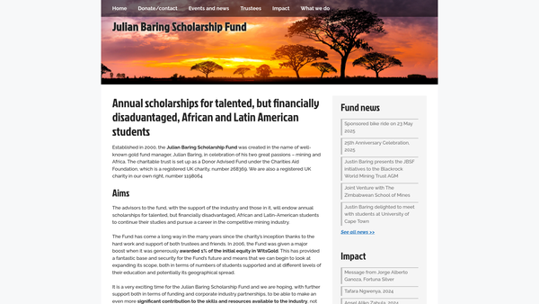 Screenshot of the The Julian Baring Scholarship Fund website