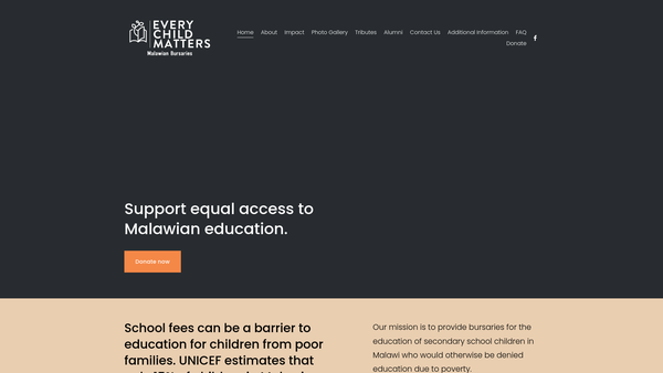 Screenshot of the Every Child Matters - Malawian Bursaries website