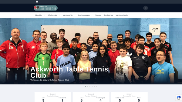Screenshot of the Ackworth Table Tennis Club website