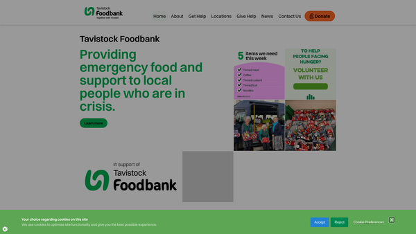 Screenshot of the Tavistock Area Foodbank website