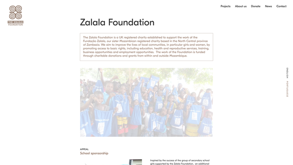 Screenshot of the Zalala Foundation website