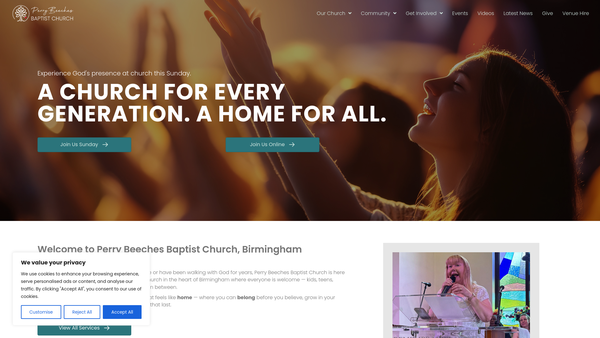 Screenshot of the Perry Beeches Baptist Church, Birmingham website