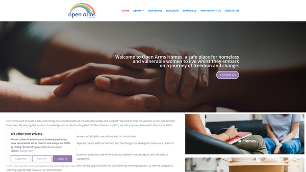 Screenshot of the Open Arms Homes for Women website