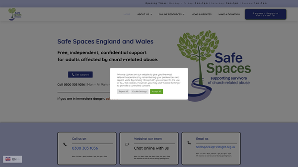 Screenshot of the Safe Spaces England And Wales website