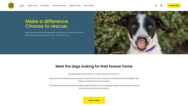 Screenshot of the Five Circles Dog Rescue website