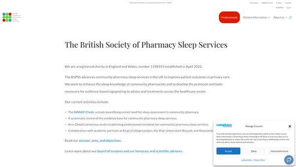 Screenshot of the The British Society Of Pharmacy Sleep Services website