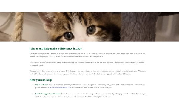 Screenshot of the Cheshire Cats Rescue website
