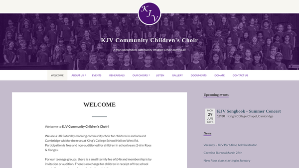 Screenshot of the Kjv Community Children's Choir Charitable Incorporated Organisation website