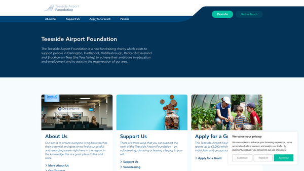 Screenshot of the Teesside Airport Foundation website
