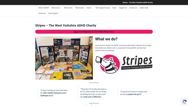 Screenshot of the Stripes - The West Yorkshire ADHD Charity website
