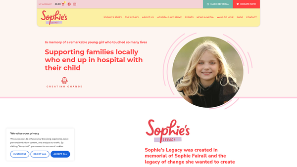 Screenshot of the Sophie's Legacy website